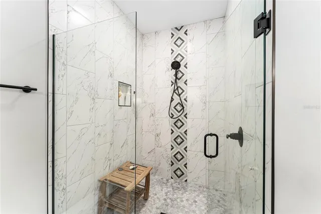 a bathroom with a shower curtain