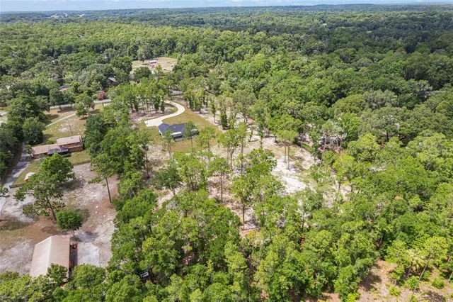 an aerial view of residential houses with outdoor space and trees