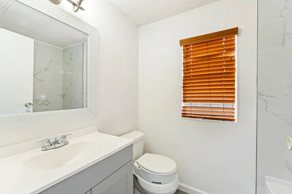 a bathroom with a sink a toilet and a mirror