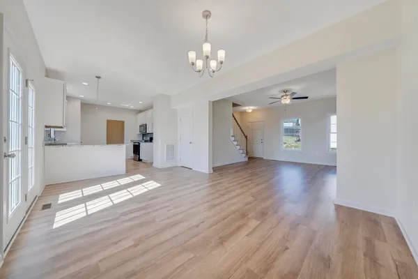 a view of a livingroom with a chandelier