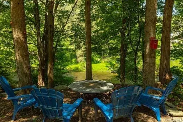 a view of a chairs and table in patio