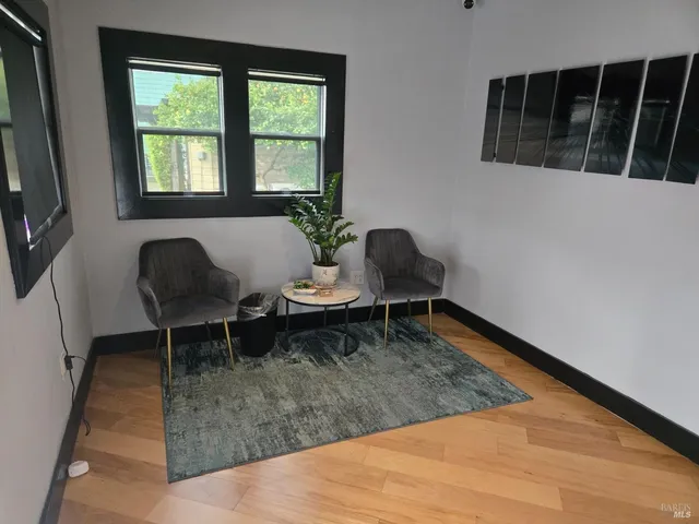 a living room with furniture rug and a window