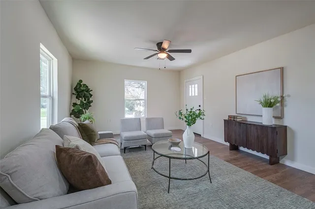 a living room with furniture and a potted plant