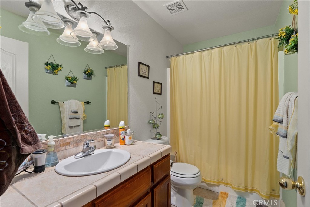 14689 Carnegie Road Magalia, CA 95954 - Photo 20 of 32 a bathroom with a sink a toilet and shower curtain