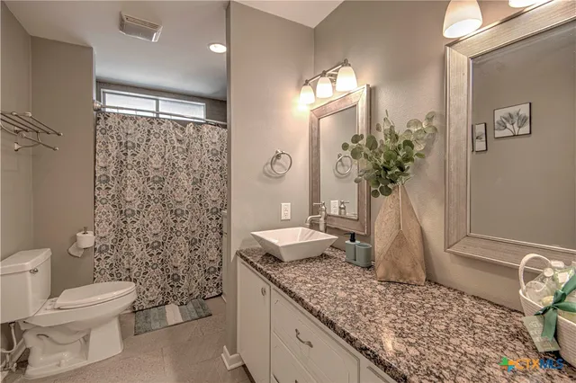 a bathroom with a granite countertop sink a toilet and shower