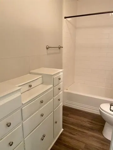 a bathroom with a shower and a toilet