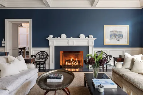 a living room with furniture potted plant and a fireplace