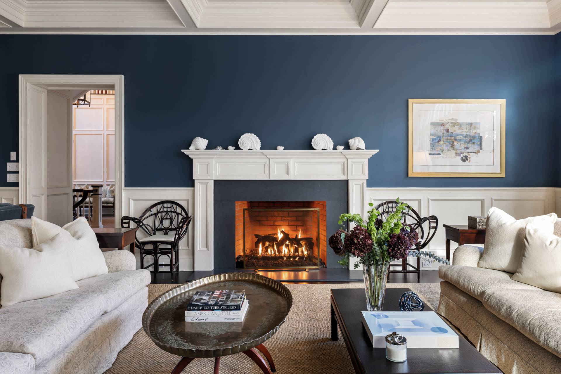 58 Wainscott Stone Road Wainscott, NY 11975 - Photo 20 of 48 a living room with furniture potted plant and a fireplace