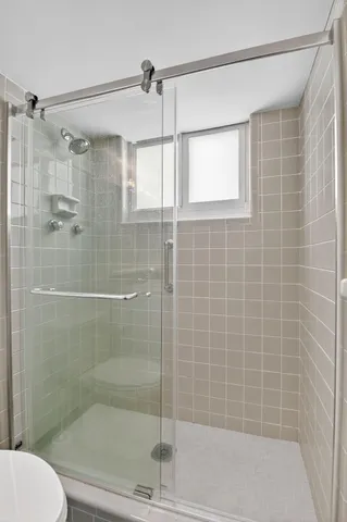 a bathroom with a shower and a toilet