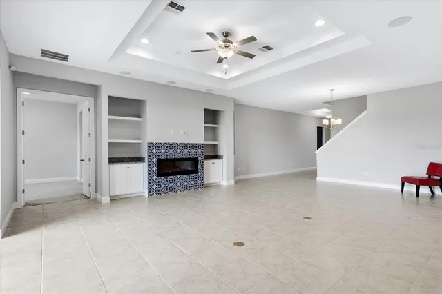 a room with a fireplace