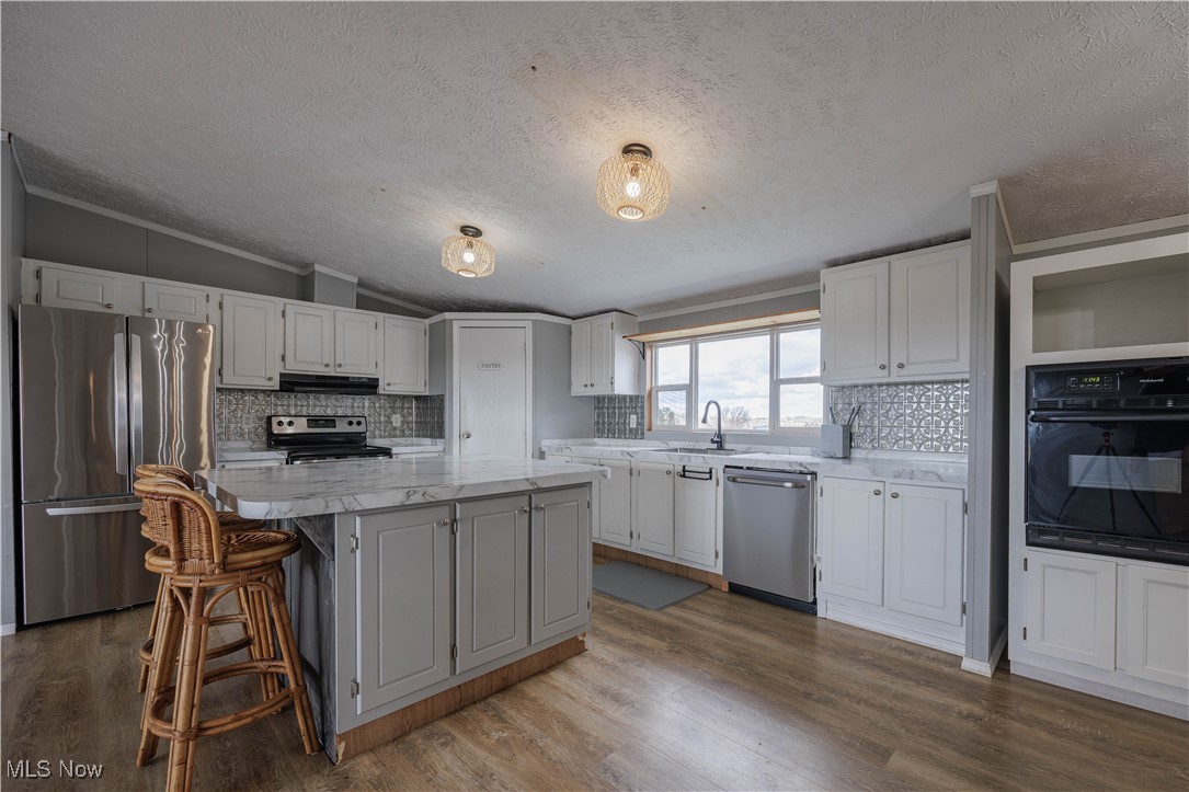 540 Wine Road Elizabeth, WV 26143 - Photo 10 of 49 Kitchen featuring stainless steel appliances, a textured ceiling, dark wood-style floors, tasteful backsplash, and vaulted ceiling