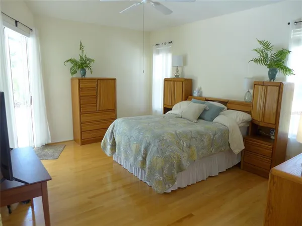 a bedroom with a bed dresser and a potted plant