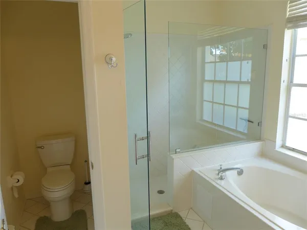 a bathroom with a bathtub and a toilet