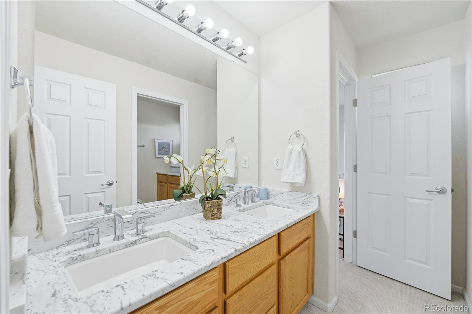 10468 Wagon Highlands Ranch Littleton, CO 80130 - Photo 27 of 48 a bathroom with a granite countertop sink and a mirror