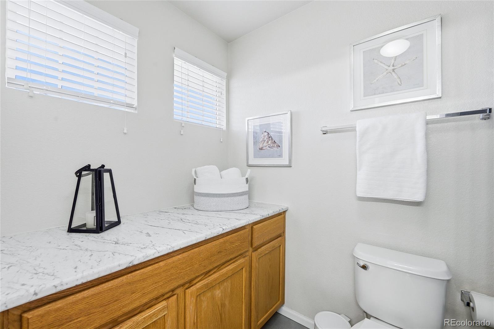 10468 Wagon Highlands Ranch Littleton, CO 80130 - Photo 28 of 48 a bathroom with a granite countertop sink and a toilet