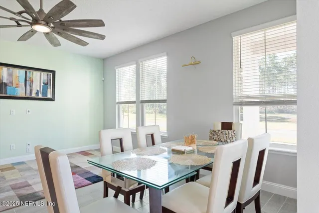a view of a dining room with furniture window and outside view