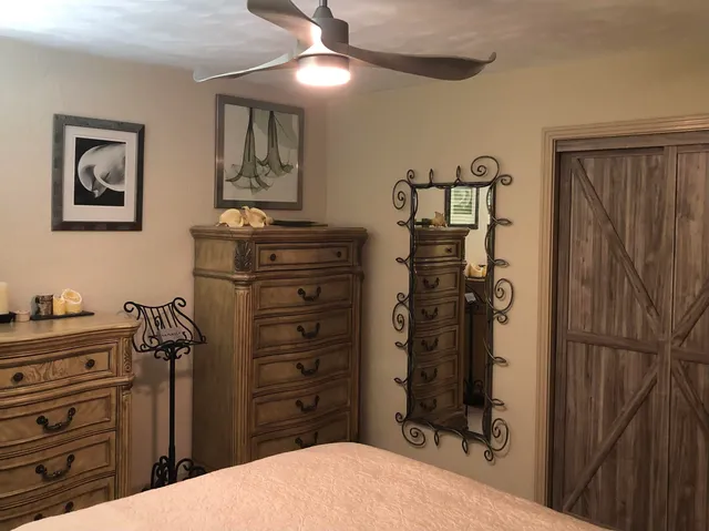 a bedroom with a bed and furniture