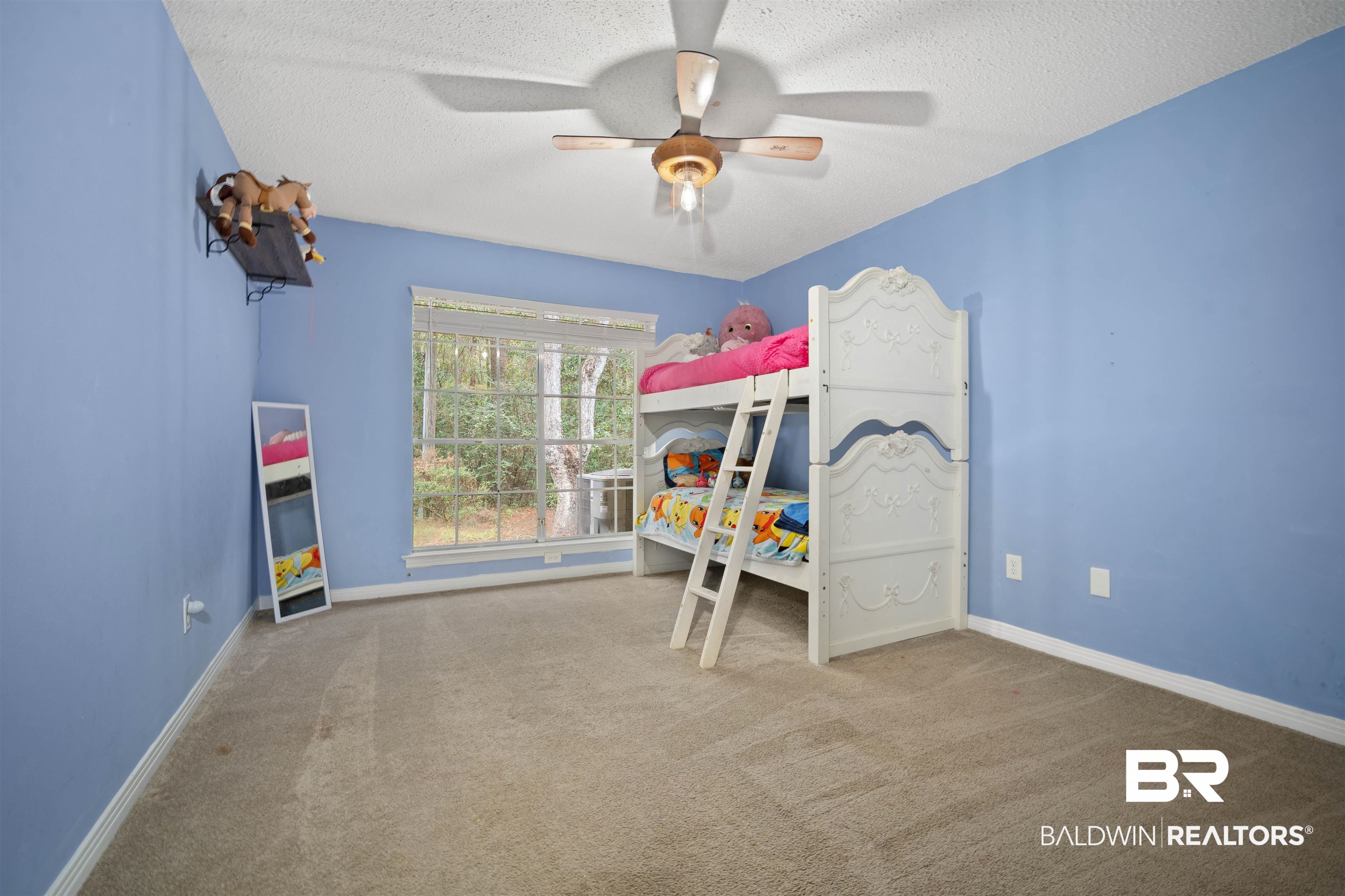 7807 Yorkhaven Road Mobile, AL 36695 - Photo 15 of 34 Bedroom with light colored carpet, a ceiling fan, and a textured ceiling