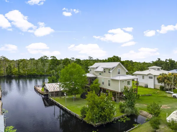 a view of a lake with houses