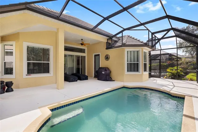 a view of a backyard with a swimming pool