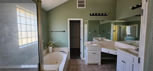 a bathroom with a tub sink and mirror