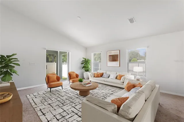 a living room with furniture and a potted plant