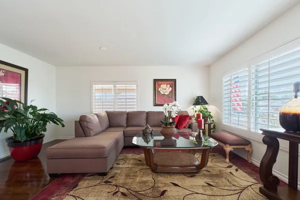 a living room with furniture and a potted plant