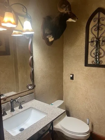 a bathroom with a sink mirror vanity and toilet