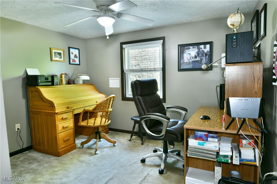 379 Housel Craft Road Bristolville, OH 44402 - Photo 26 of 50 Carpeted home office featuring baseboards, a ceiling fan, and a textured ceiling