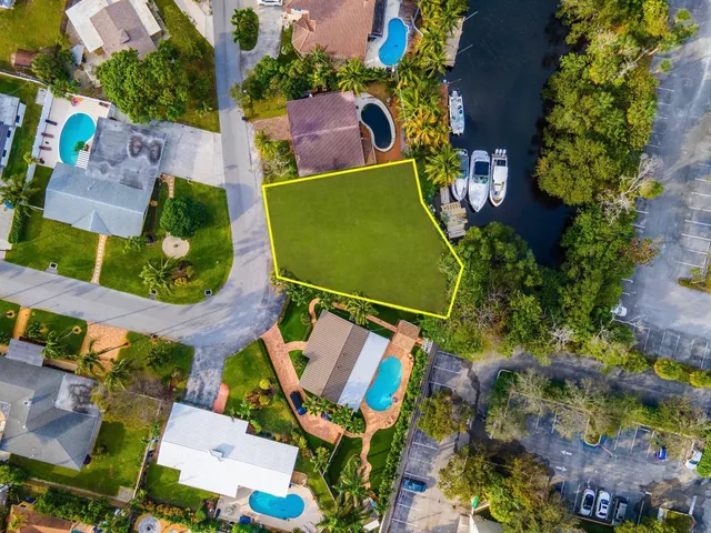 an aerial view of a backyard