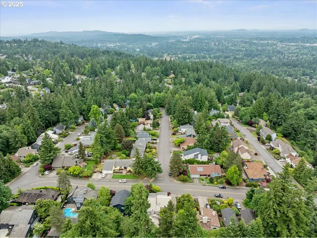 an aerial view of residential houses with outdoor space and trees