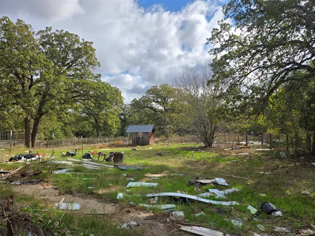 a view of a park with large trees