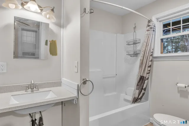 a bathroom with a sink a toilet and shower