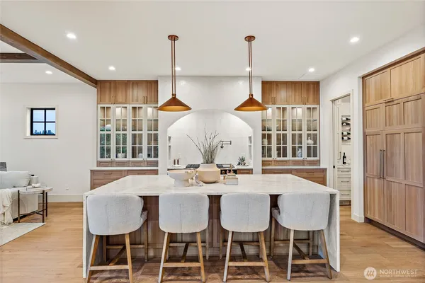 a view of a dining room with furniture