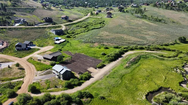 an aerial view of a house with a yard and plants