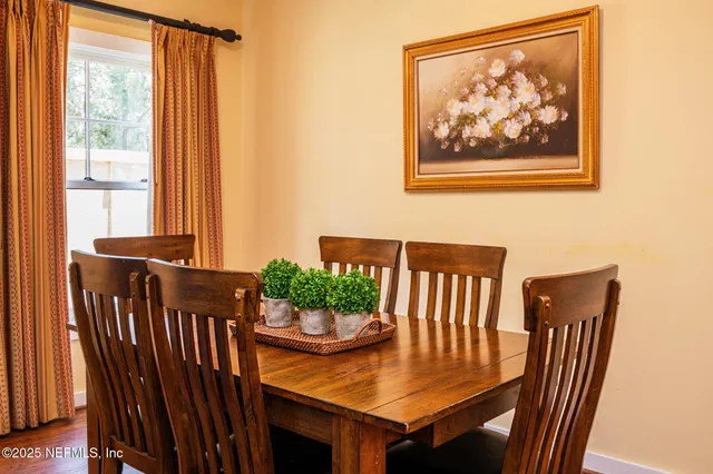 a view of a dining room with furniture window and outside view