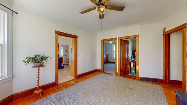 a view of a livingroom with a potted plant and wooden floor