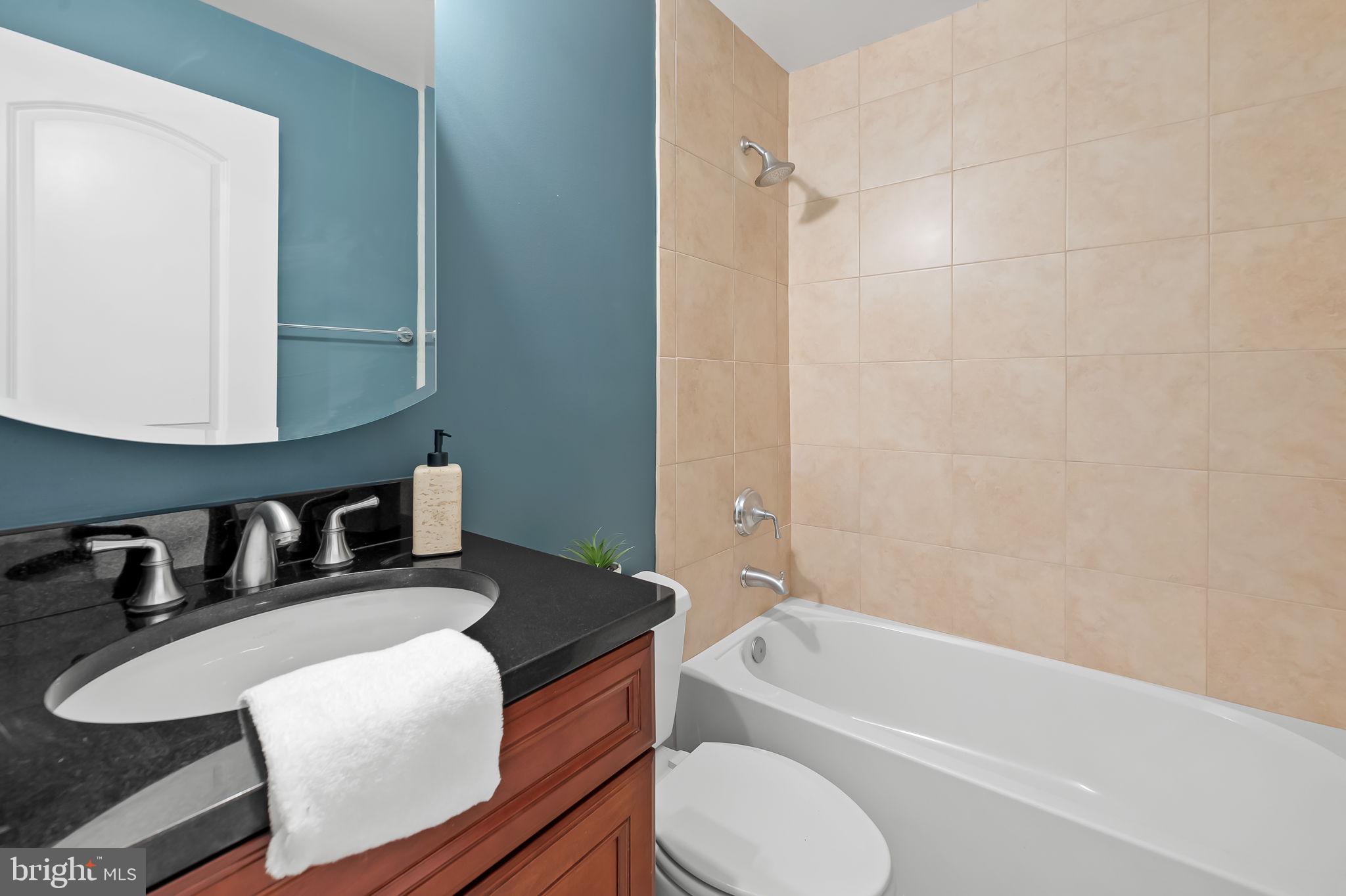 1024 Pier Pointe Landing, Unit 107 Baltimore, MD 21230 - Photo 11 of 51 a bathroom with a granite countertop sink a toilet and bathtub
