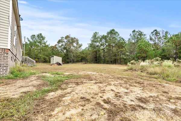 a view of a yard with trees in front of it