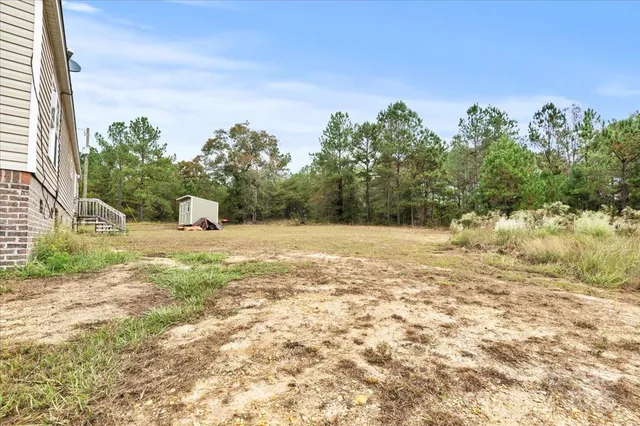 a view of a yard with trees in front of it