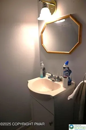 a bathroom with a sink vanity and a mirror