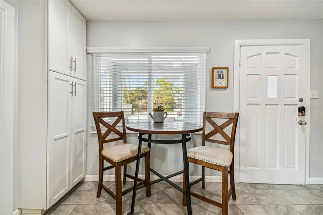 a view of a dining room with furniture and window