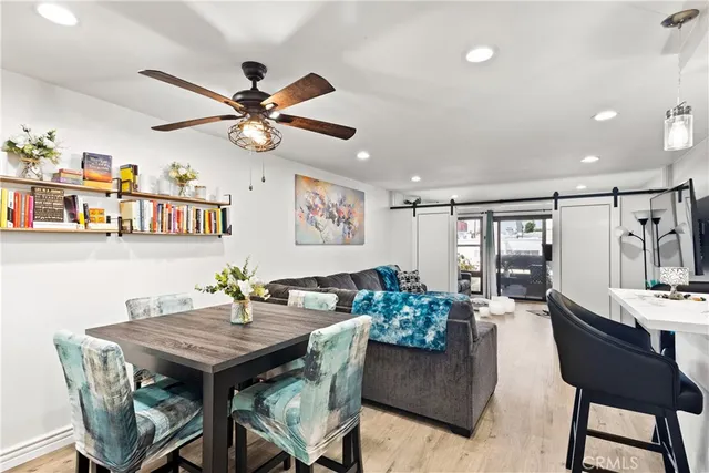 a view of a dining room with furniture