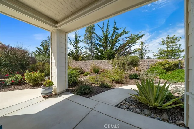 a view of a garden with a building in the background