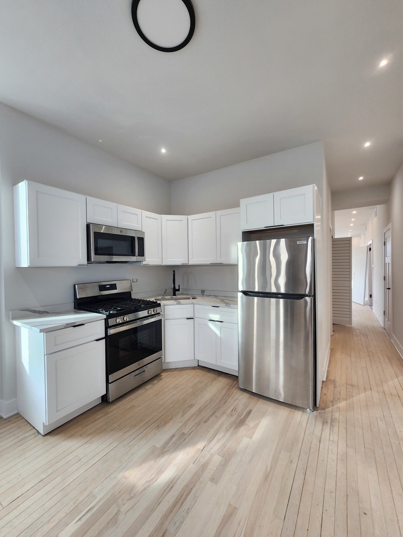 2345 West 23rd Street, Unit 3 Chicago, IL 60608 - Photo 7 of 7 a kitchen with stainless steel appliances granite countertop a refrigerator a stove a sink and a microwave