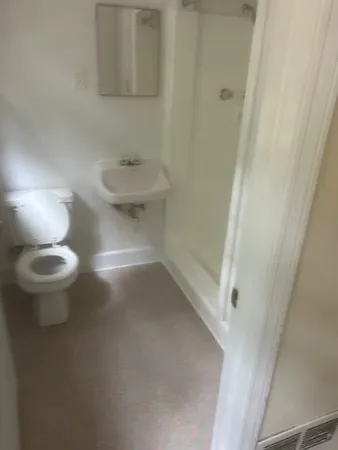 a bathroom with a toilet and a view