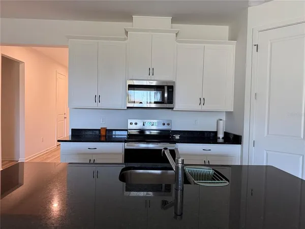 a kitchen with stainless steel appliances granite countertop a sink a stove a microwave a counter top space and cabinets