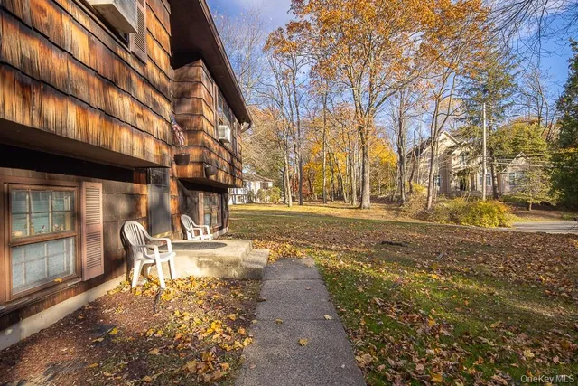 a view of a yard with plants and large trees