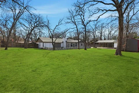 a view of a park with large trees