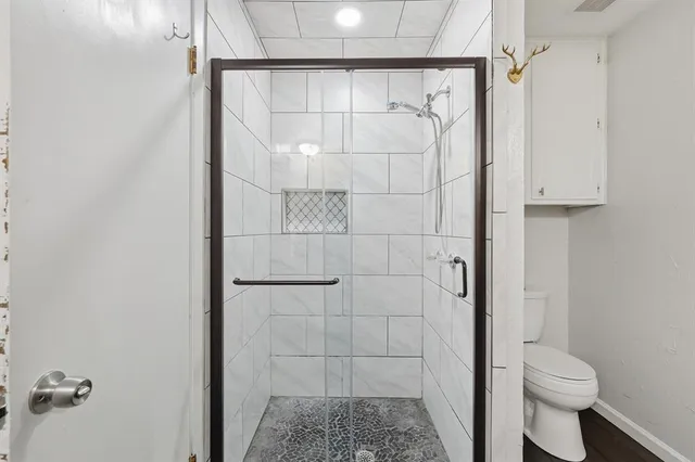 a bathroom with a shower a toilet and a shower
